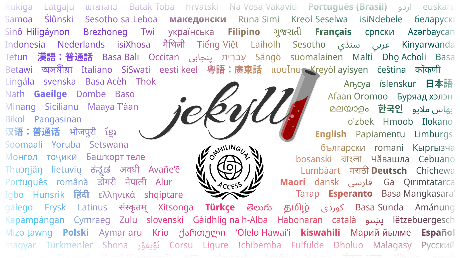 Jekyll logo surrounded by multiple languages, by Omnilingual Access
