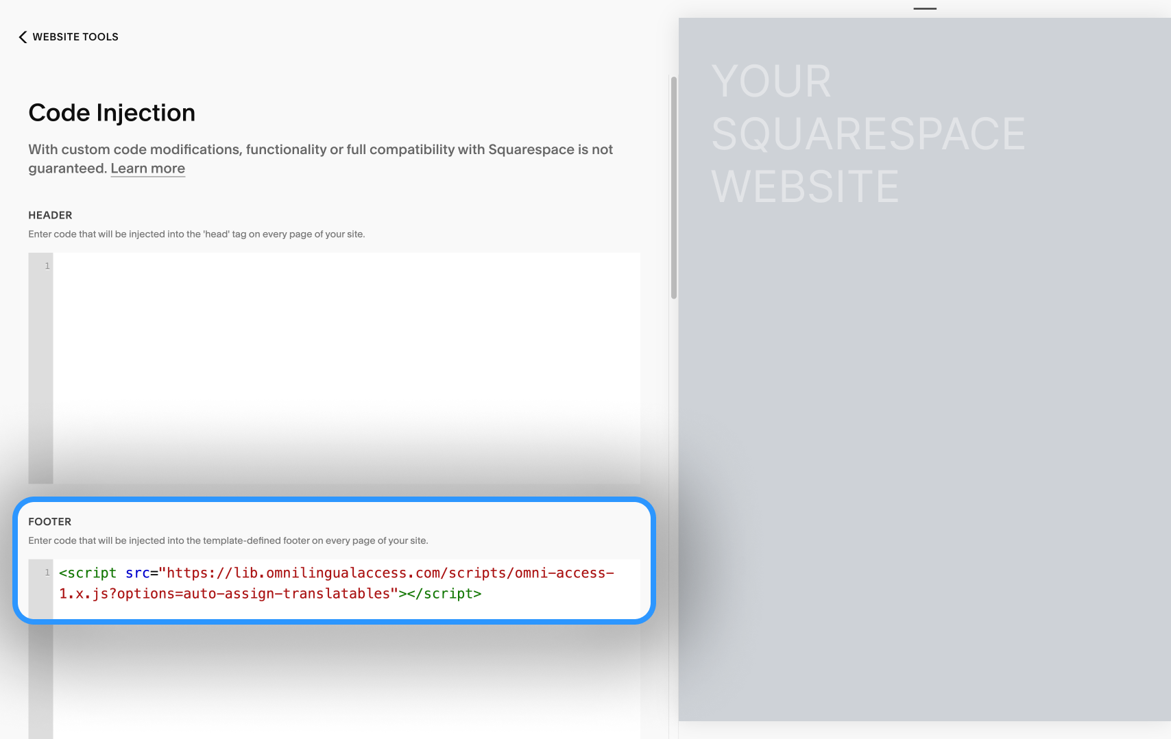 Squarespace Code Injection panel