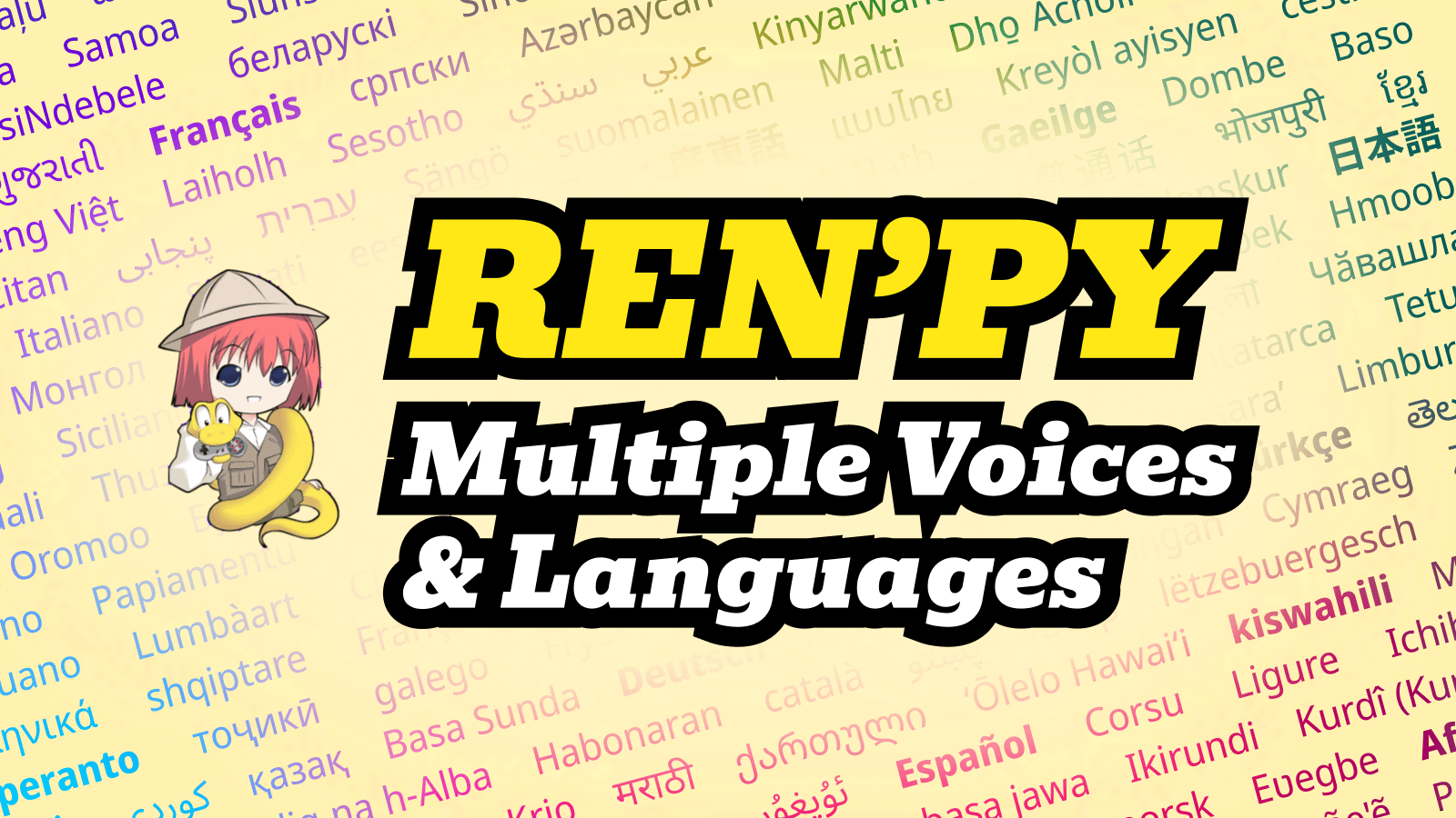 RenPy Logo with the text; Multiple Voices and Langauges. The background is filled with many different language names.