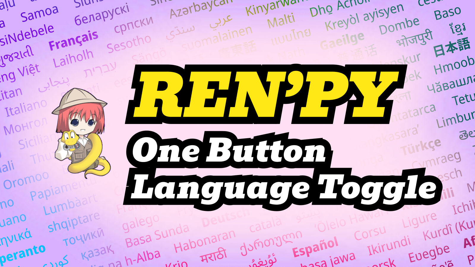 RenPy Logo with the text; One Button Language Toggle. The background is filled with a variety of different languages.