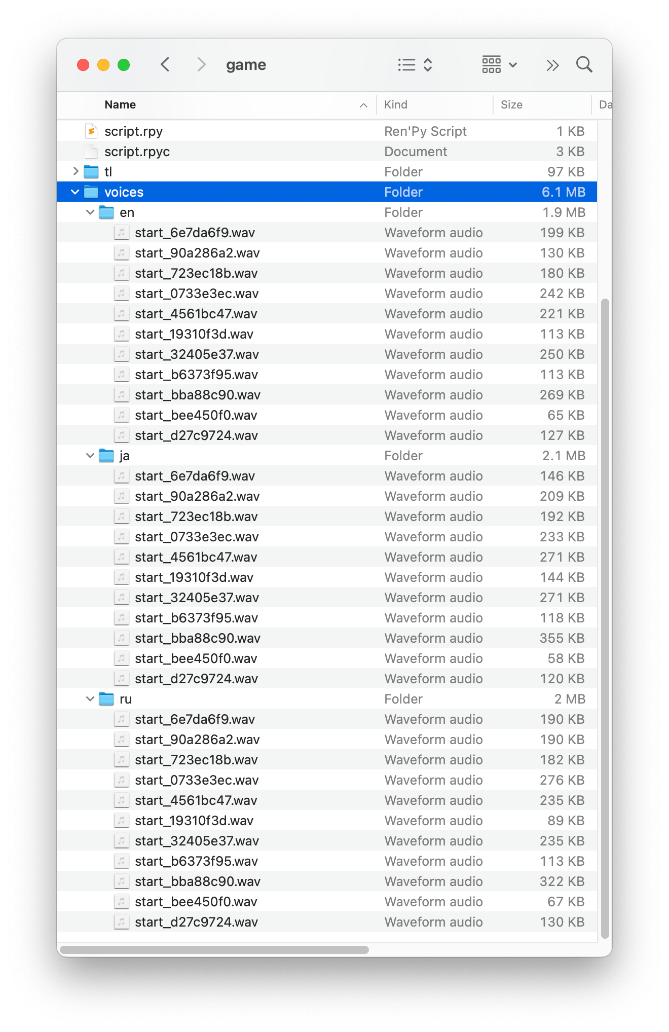 A RenPy Game Folder showing a folder called voices, subfolders of languages, and multiple audio voice files in each language folder.