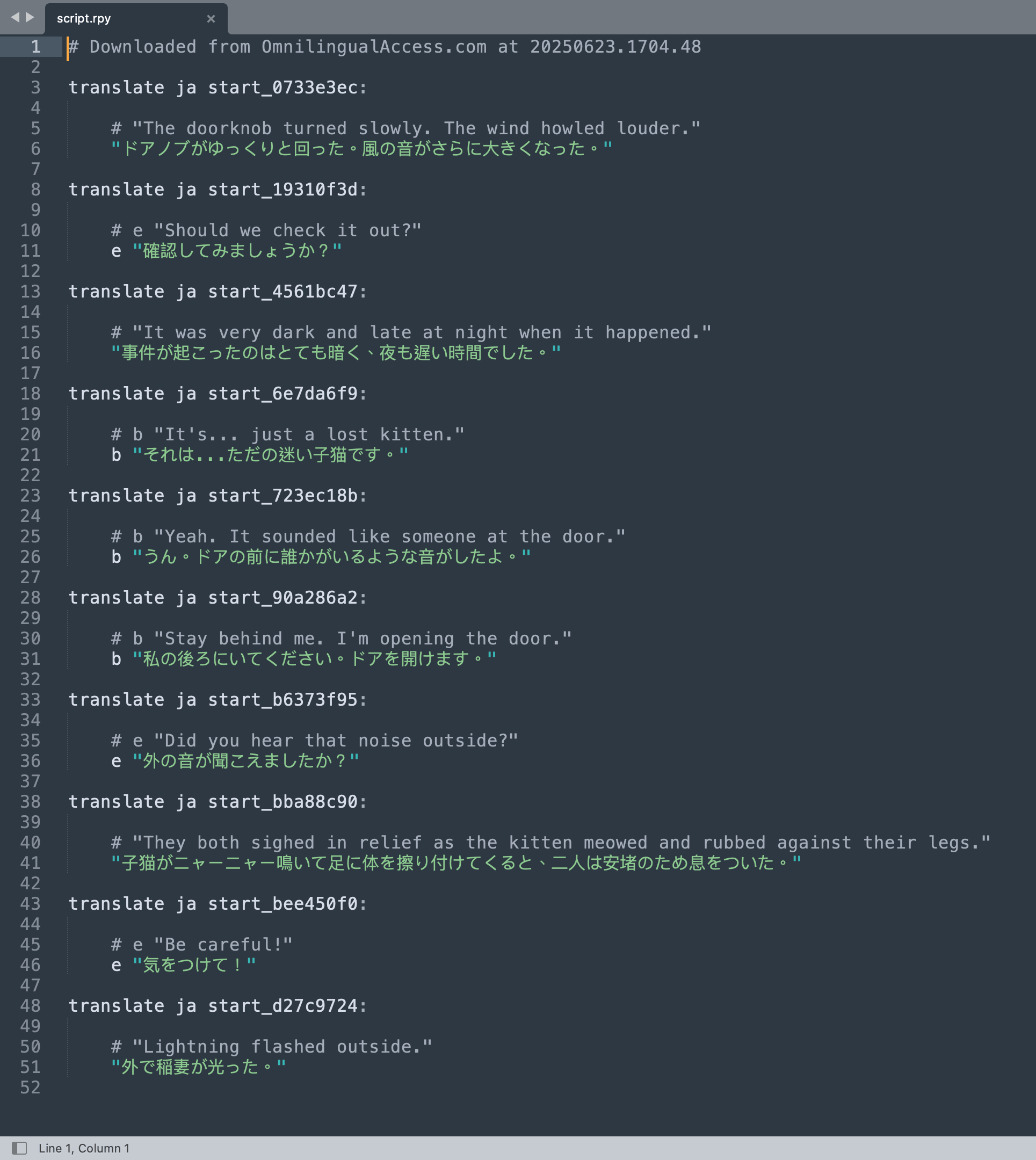 An example of a translated RenPy script file into Japanese.