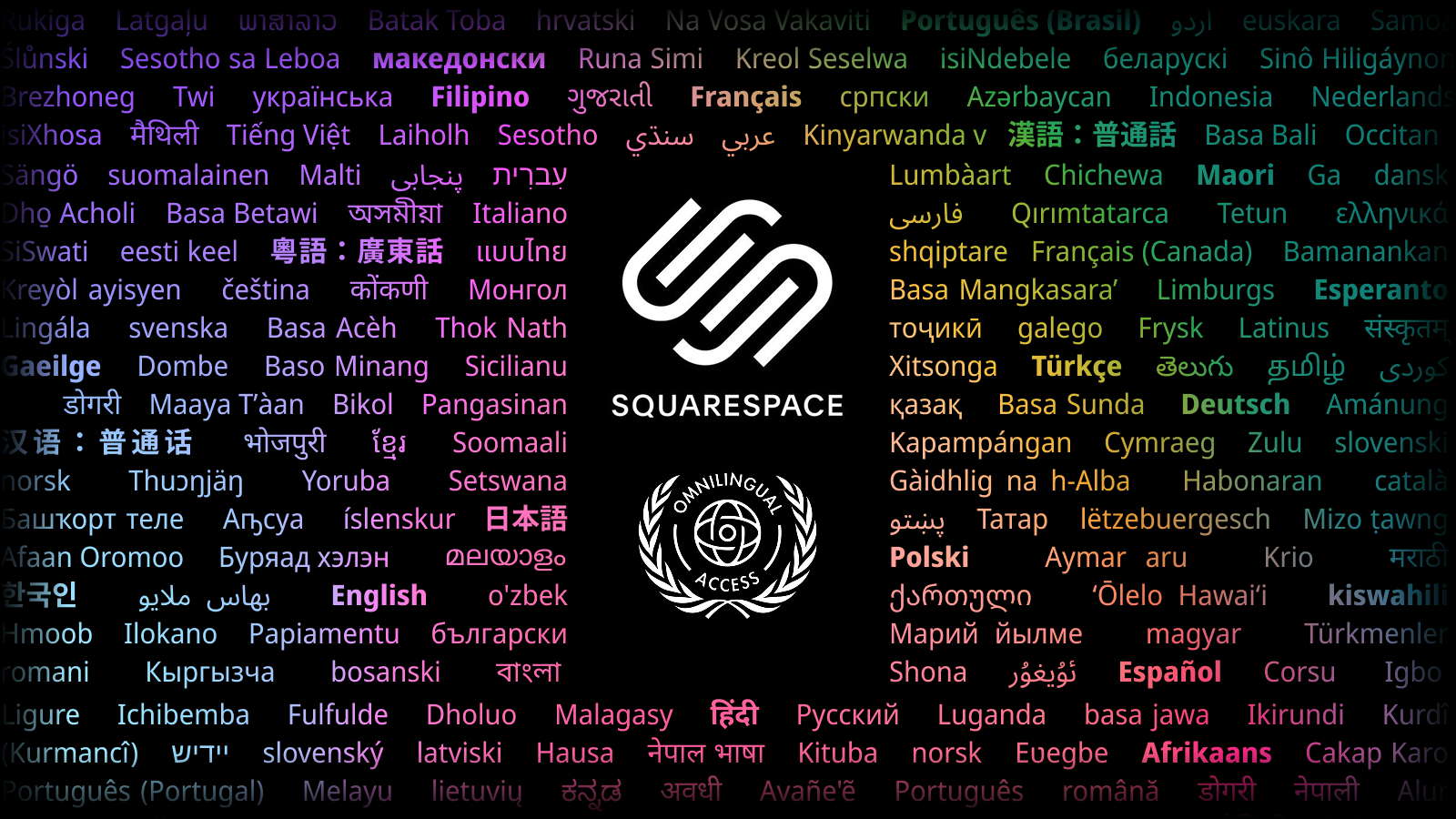 Squarespace logo surrounded by multiple languages, implying multiple translations of a squarespace website