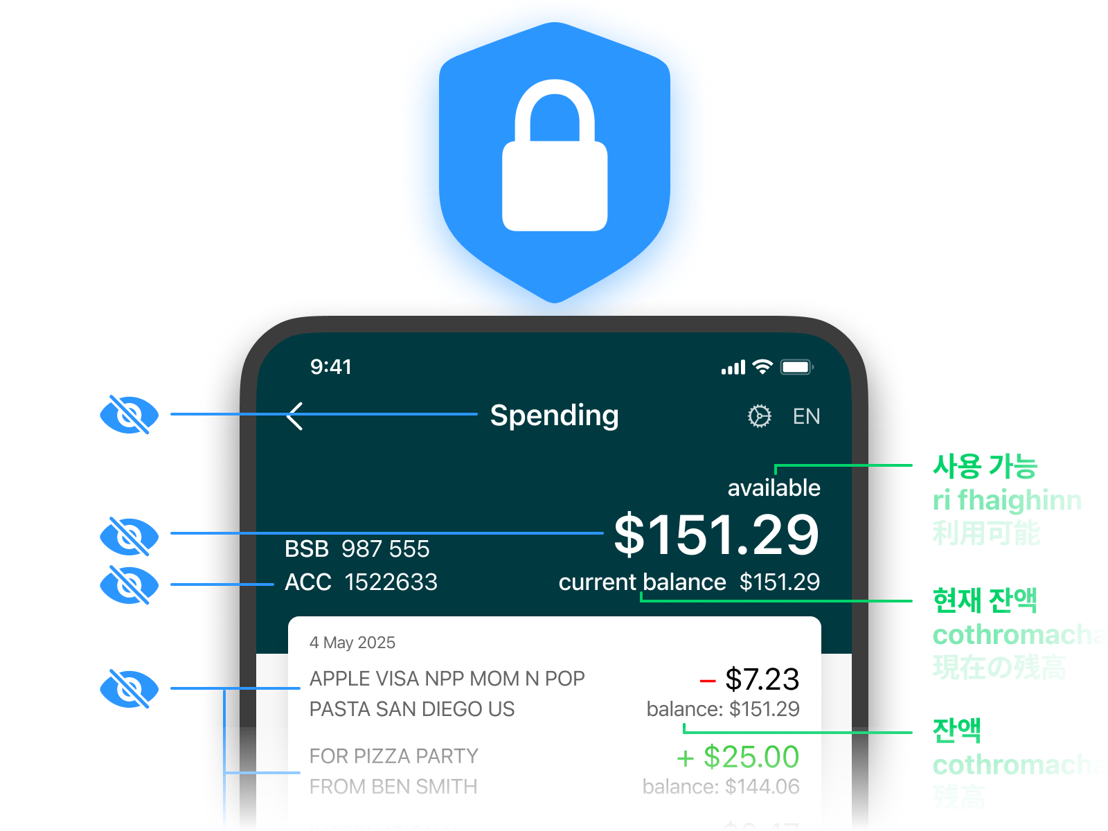 A Bank app showing certain fields being translated, and other fields hidden from translation to ensure security.